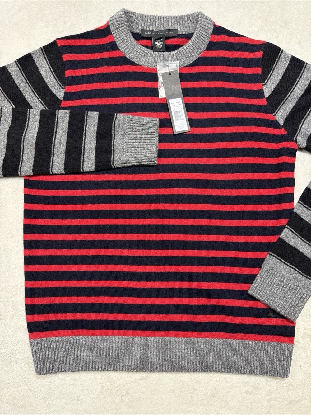 Marc by Marc Jacobs NWT Deadstock Sz Sm Wool Red Navy Grey Striped Sweater